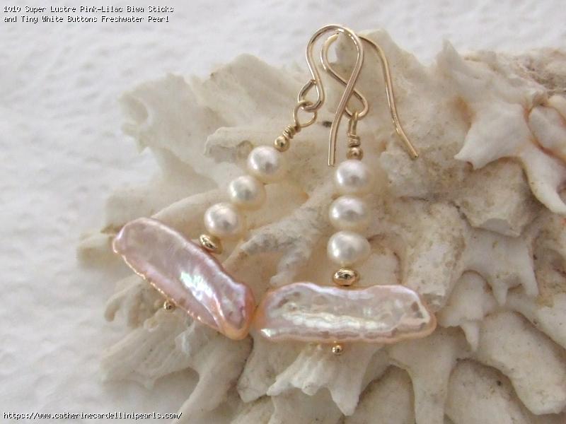 Super Lustre Pink-Lilac Biwa Sticks and Tiny White Buttons Freshwater Pearl Drop Earrings