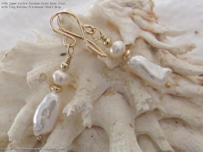 Super Lustre Rainbow Keshi Biwa Stick with Tiny Buttons Freshwater Pearl Drop Earrings 