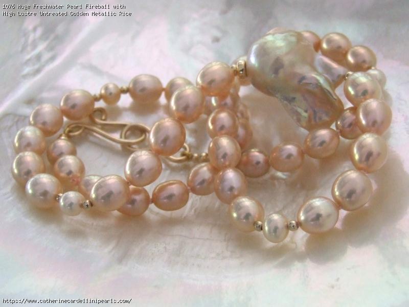 Huge Freshwater Pearl Fireball with High Lustre Untreated Golden Metallic Rice Freshwater Pearl Necklace