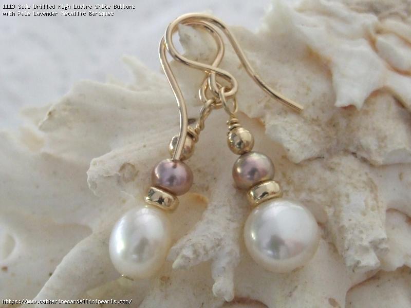 Side Drilled High Lustre White Buttons with Pale Lavender Metallic Baroques Freshwater Pearl Drop earrings