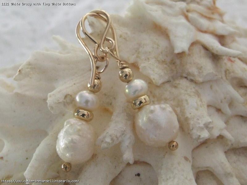 White Drusy with Tiny White Buttons Freshwater Pearl Drop earrings
