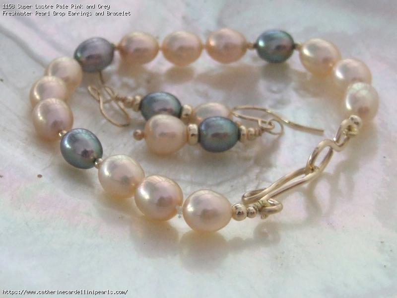 Super Lustre Pale Pink and Grey Freshwater Pearl Drop Earrings and Bracelet Set