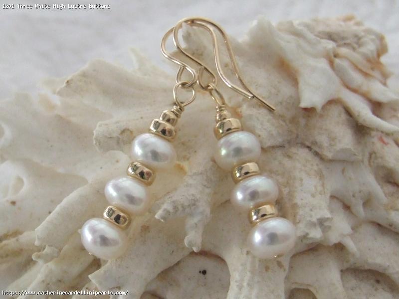 Three White High Lustre Buttons Freshwater Pearl Drop Earrings