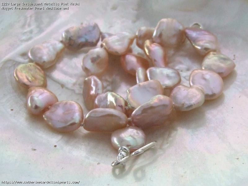 Large Irridescent Metallic Pink Keshi Nugget Freshwater Pearl Necklace and Earring Set