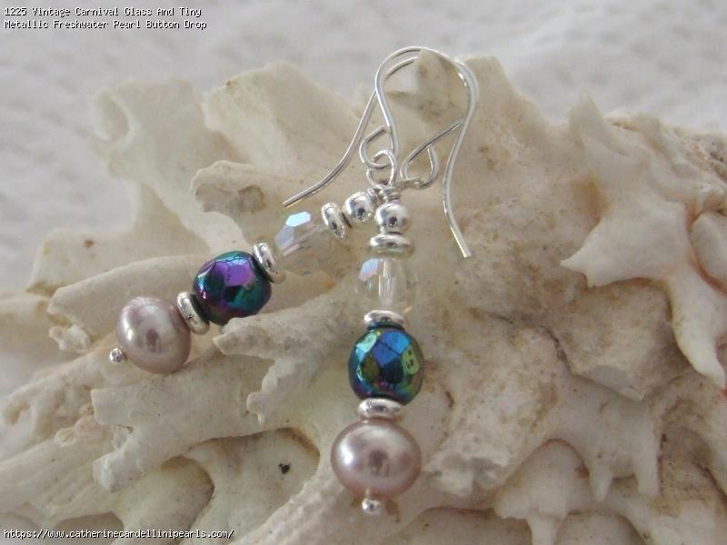 Vintage Carnival Glass And Tiny Metallic Freshwater Pearl Button Drop Earrings