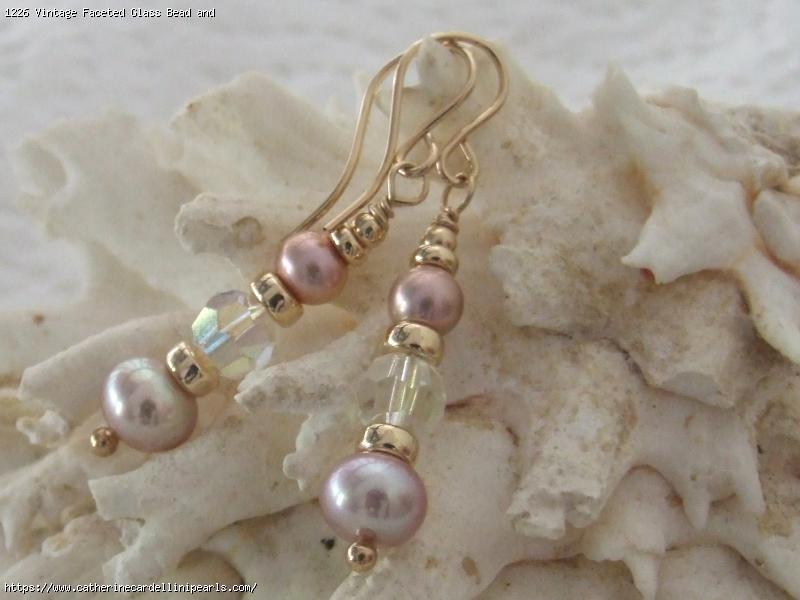 Vintage Faceted Glass Bead and  Freshwater Pearl Buttons Drop Earrings