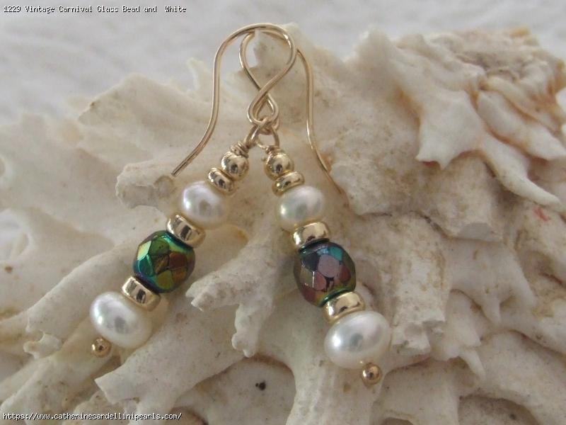 Vintage Carnival Glass Bead and  White Button Freshwater Pearls Drop Earrings