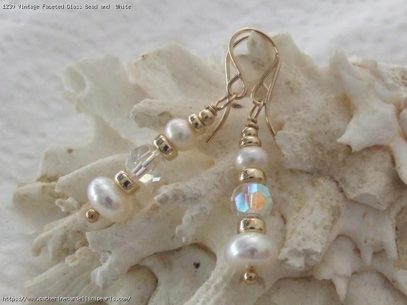 Vintage Faceted Glass Bead and  White Button Freshwater Pearls Drop Earrings