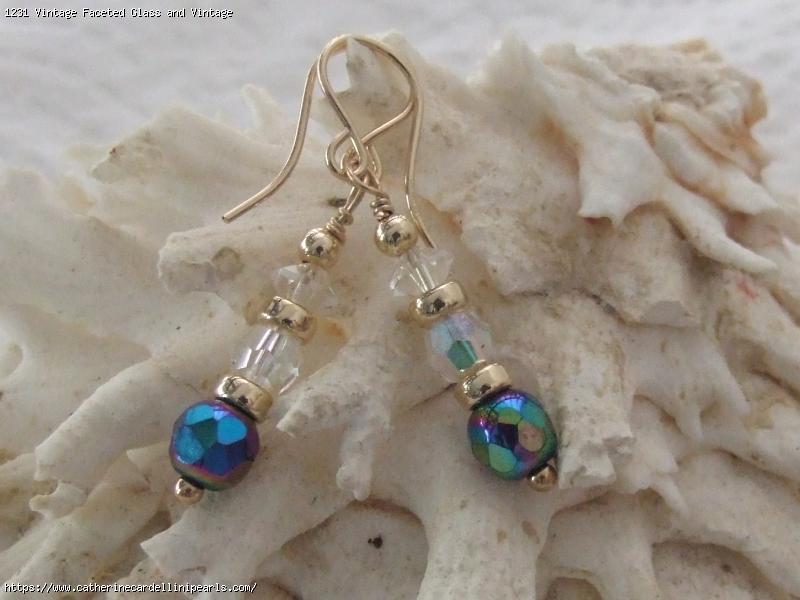 Vintage Faceted Glass and Vintage Carnival Glass Drop Earrings