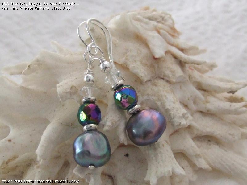 Blue Grey Nuggety Baroque Freshwater Pearl and Vintage Carnival Glass Drop Earrings