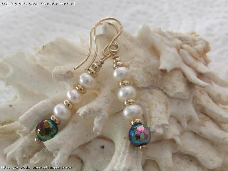 Tiny White Button Freshwater Pearl and Vintage Carnival Glass Drop Earrings