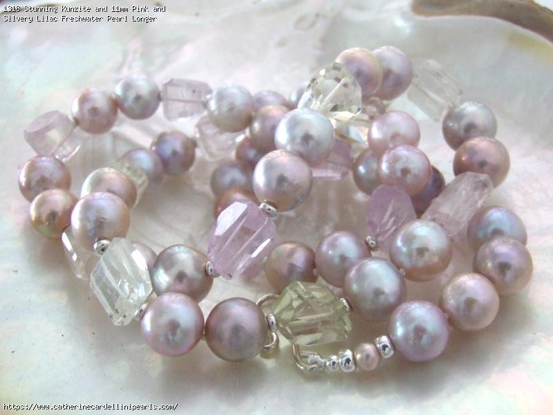 Stunning Kunzite and 11mm Pink and Silvery Lilac Freshwater Pearl Longer Necklace - Lisa