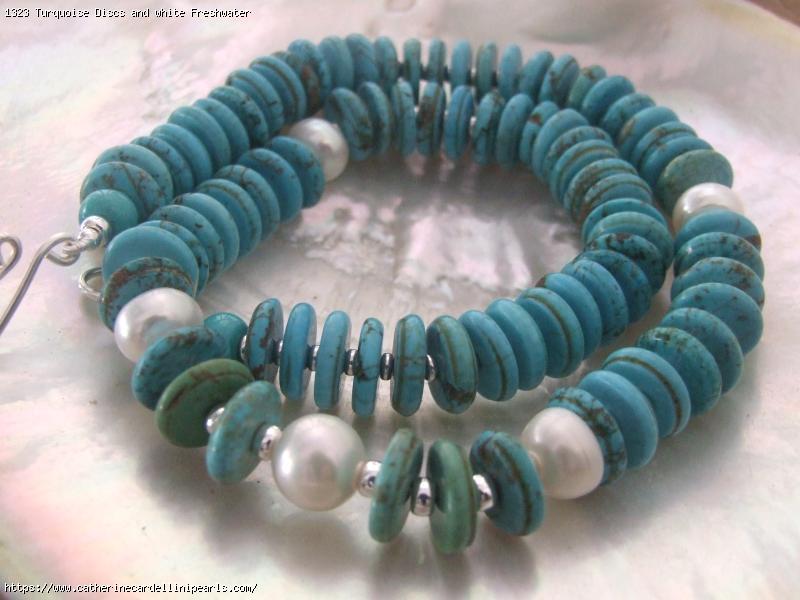 Turquoise Discs and white Freshwater Pearl Necklace and Earring Set
