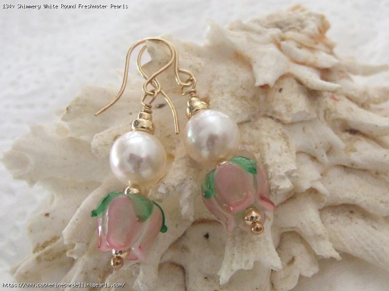 Shimmery White Round Freshwater Pearls with Plump Pale Pink AH Rosebuds Earrings