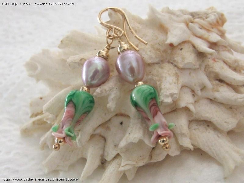 High Lustre Lavender Drip Freshwater Pearls with Pink AH Long Rosebuds Earrings