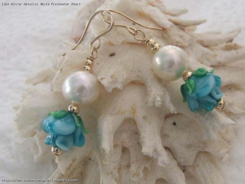 Mirror Metallic White Freshwater Pearl with AH Blue Lampwork Roses Earrings