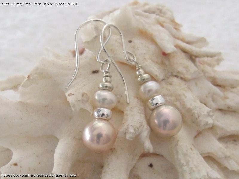 Silvery Pale Pink Mirror Metallic And White Button Freshwater Pearl  Earrings