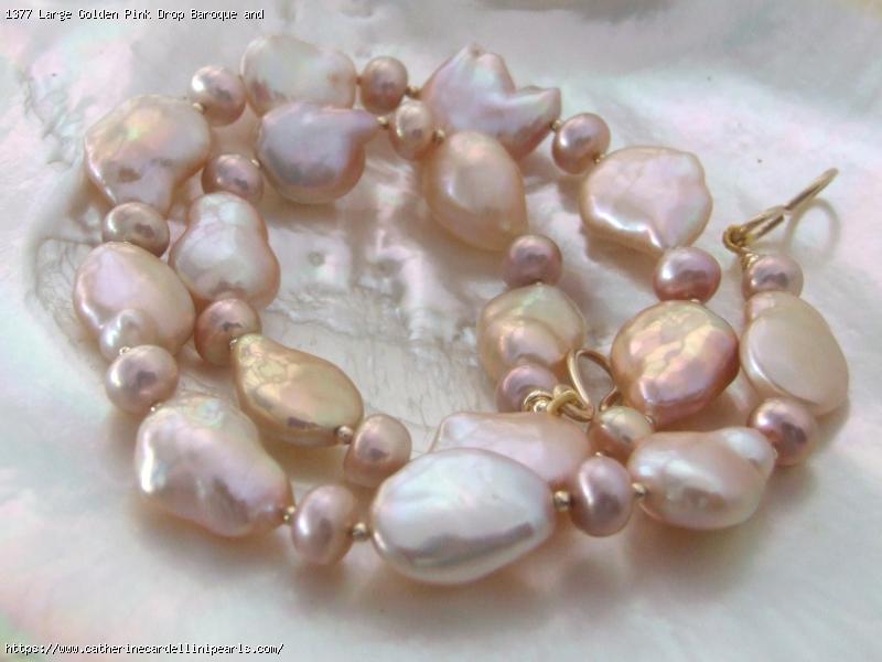 Large Golden Pink Drop Baroque and Button Freshwater Pearl Necklace