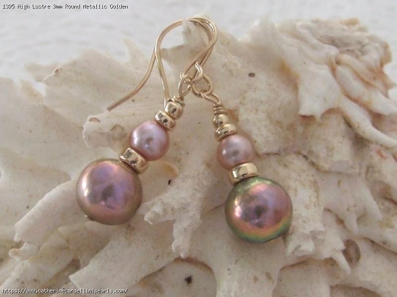 High Lustre 9mm Round Metallic Golden Purple Freshwater Pearl Earrings