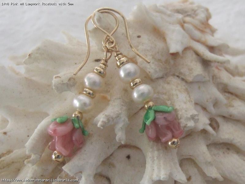Pink AH Lampwork Rosebuds with 5mm Shimmery White Button Pearl Earrings