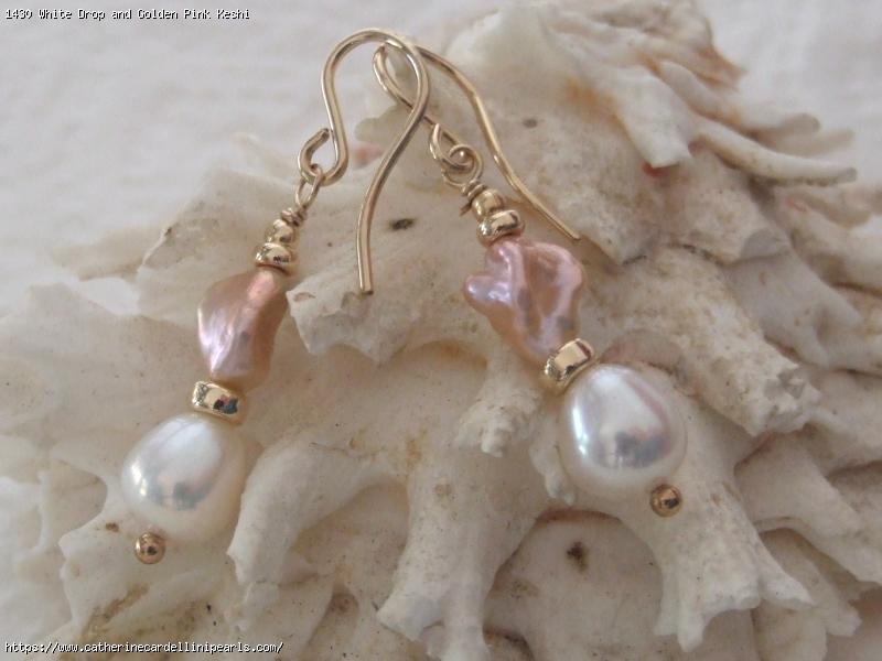White Drop and Golden Pink Keshi Earrings