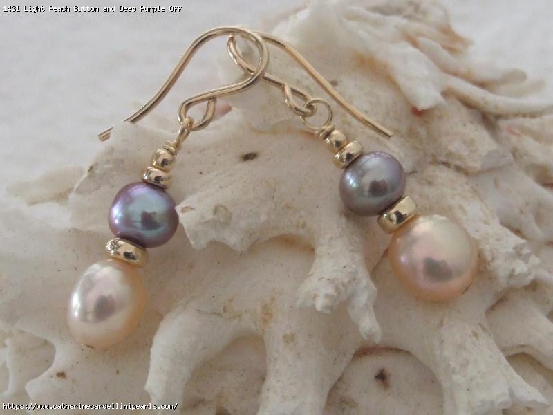 Light Peach Button and Deep Purple Off round Freshwater Pearl Earrings