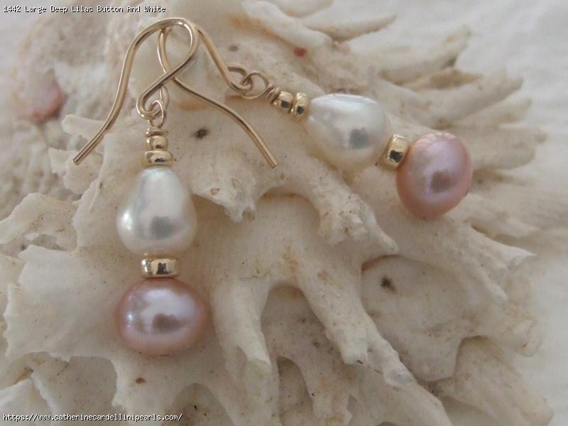 Large Deep Lilac Button And White Teardrop Freshwater Pearl Earrings