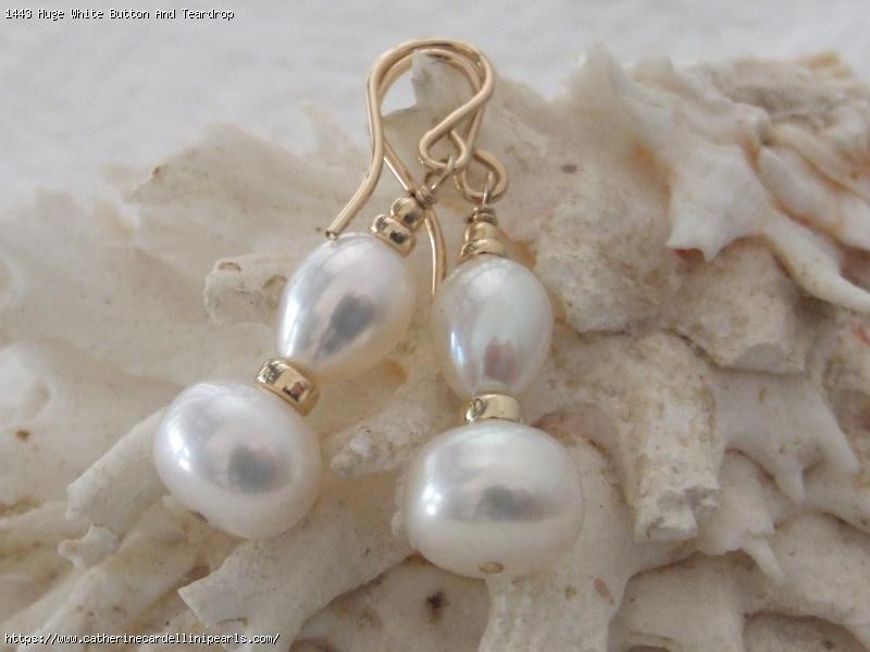 Huge White Button And Teardrop Freshwater Pearl Earrings