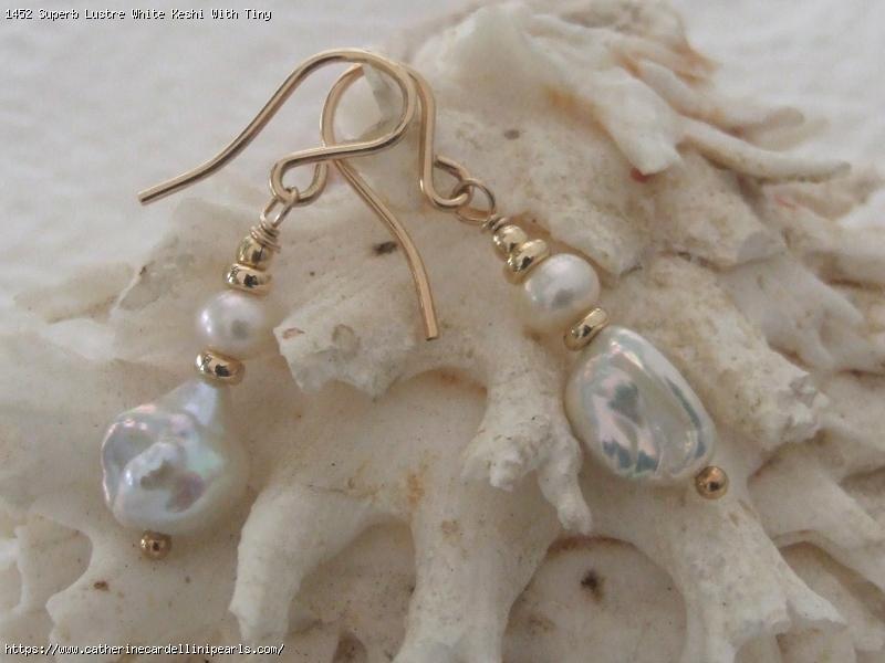 Superb Lustre White Keshi With Tiny White Button Freshwater Pearl Earrings