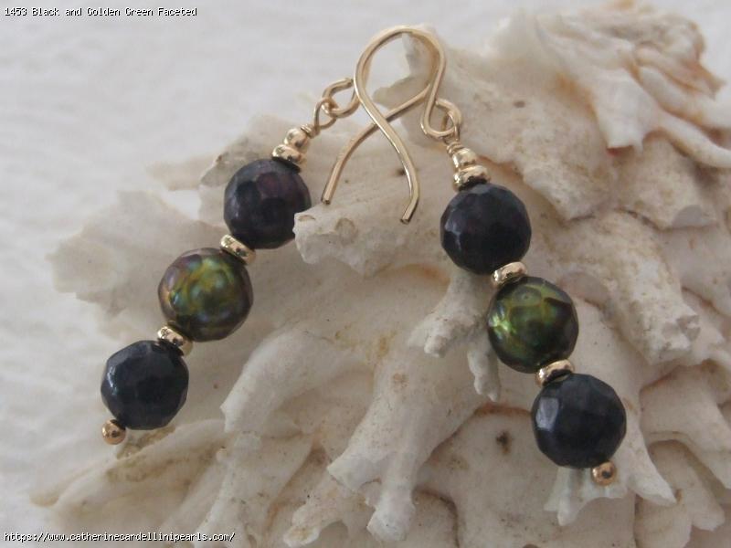 Black and Golden Green Faceted Freshwater Pearl Earrings