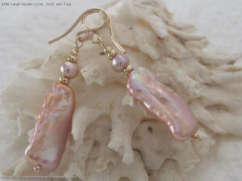 Large Golden Lilac Stick and Tiny Lavender Button Freshwater Pearl Earrings