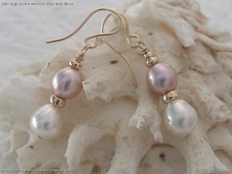 High Lustre Metallic Rice With White Drop Freshwater Pearl Earrings