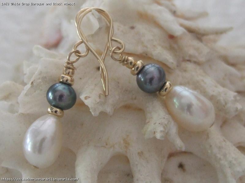 White Drop Baroque and Black Almost Round Freshwater Pearl Earrings