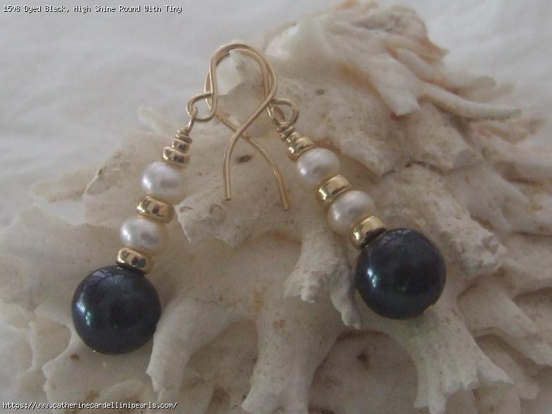 Dyed Black, High Shine Round With Tiny White Buttons Freshwater Pearl Earrings