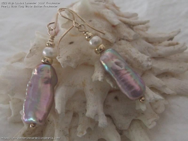 High Lustre Lavender Stick Freshwater Pearls With Tiny White Button Freshwater Pearl Earrings
