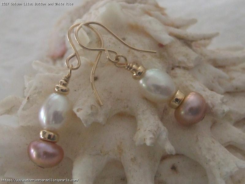 Golden Lilac Button and White Rice Freshwater Pearl Earrings