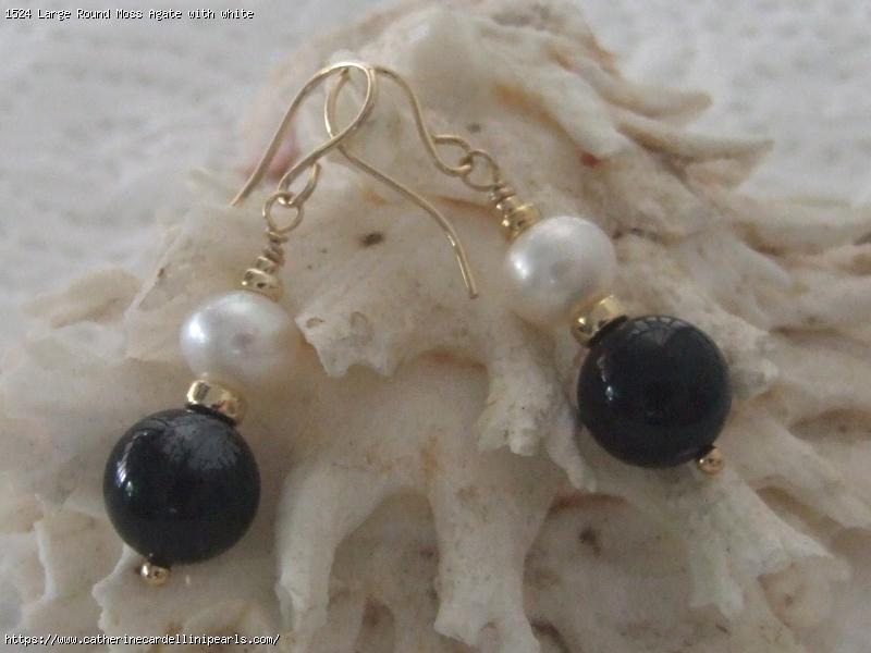 Large Round Moss Agate with white Freshwater Pearl Earrings