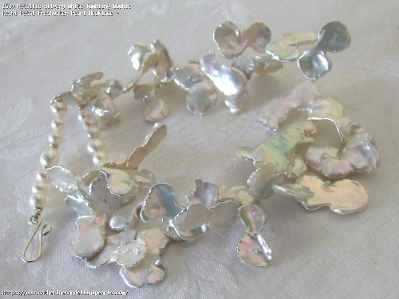 Metallic Silvery white Tumbling Double Keshi Petal Freshwater Pearl Necklace - Cindy