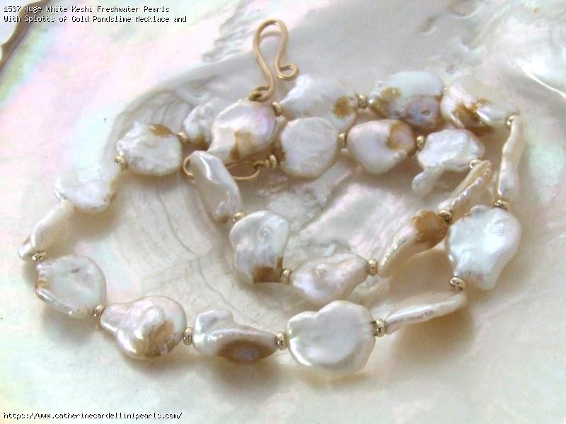 Huge White Keshi Freshwater Pearls With Splotts of Gold Pondslime Necklace and Earring Set