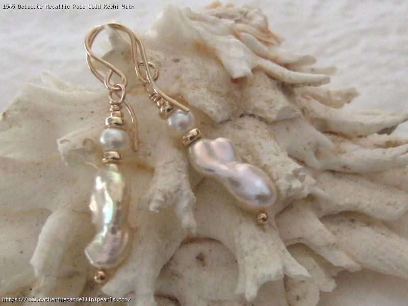 Delicate Metallic Pale Gold Keshi With White Round Freshwater Pearl Earrings