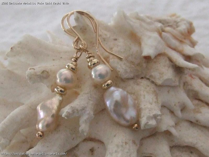 Delicate Metallic Pale Gold Keshi With Apricot Oval Freshwater Pearl Earrings