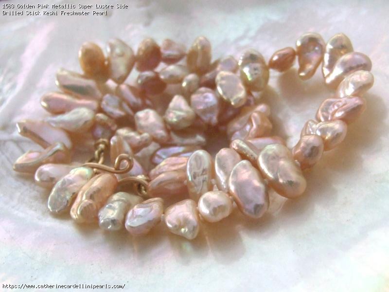 Golden Pink Metallic Super Lustre Side Drilled Stick Keshi Freshwater Pearl Necklace