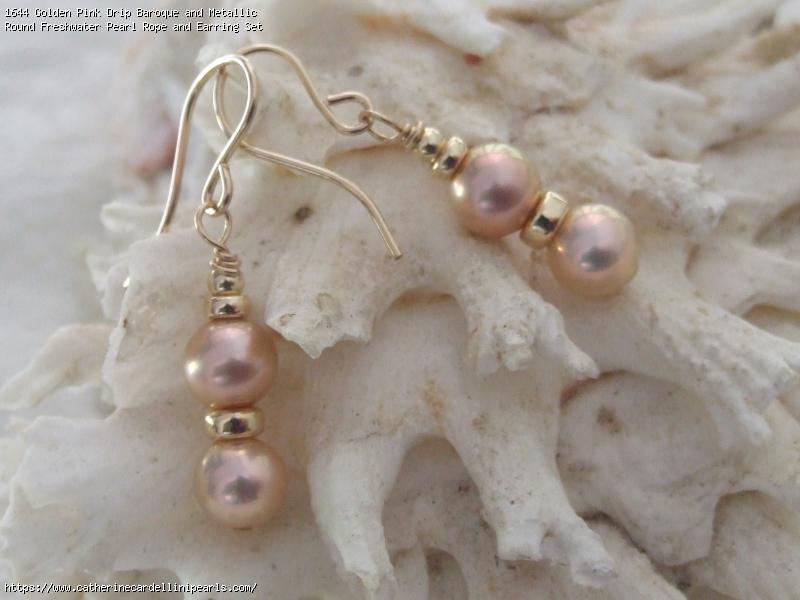 Golden Pink Drip Baroque and Metallic Round Freshwater Pearl Rope and Earring Set - EARRINGS