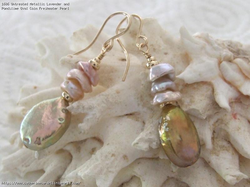 Untreated Metallic Lavender and Pondslime Oval Coin Freshwater Pearl Earrings