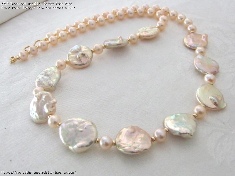 Untreated Metallic Golden Pale Pink Giant Round Baroque Coin and Metallic Pale Pink Round Freshwater Pearl Longer Necklace