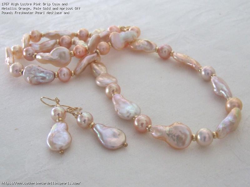 High Lustre Pink Drip Coin and Metallic Orange, Pale Gold and Apricot Off Rounds Freshwater Pearl Necklace and Earring Set