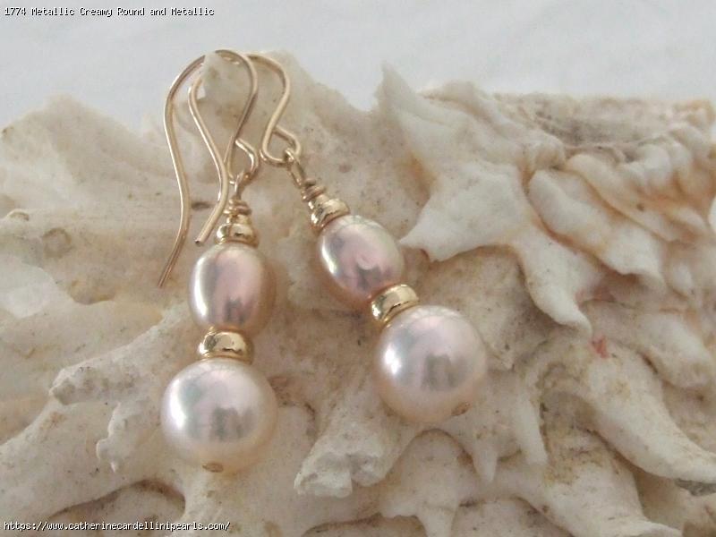 Metallic Creamy Round and Metallic Golden Lilac Rice Freshwater Pearl Earrings