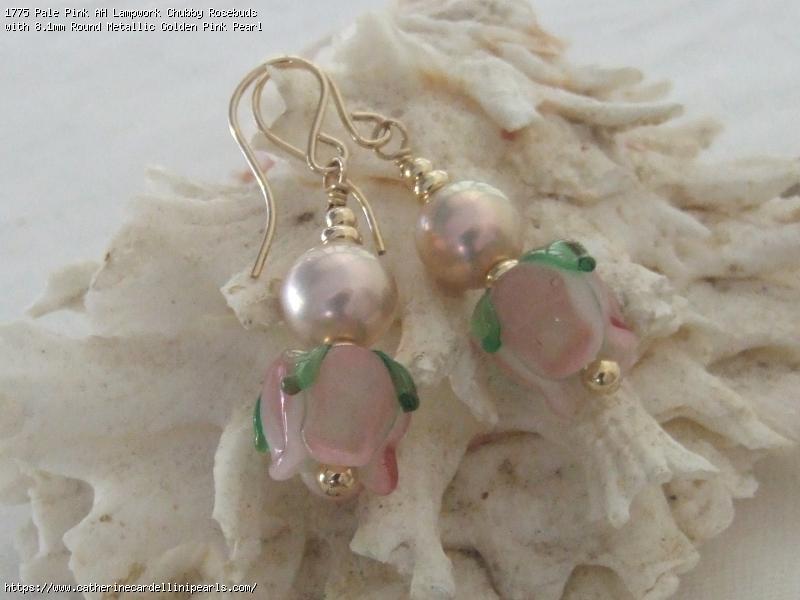 Pale Pink AH Lampwork Chubby Rosebuds with 8.1mm Round Metallic Golden Pink Pearl Earrings