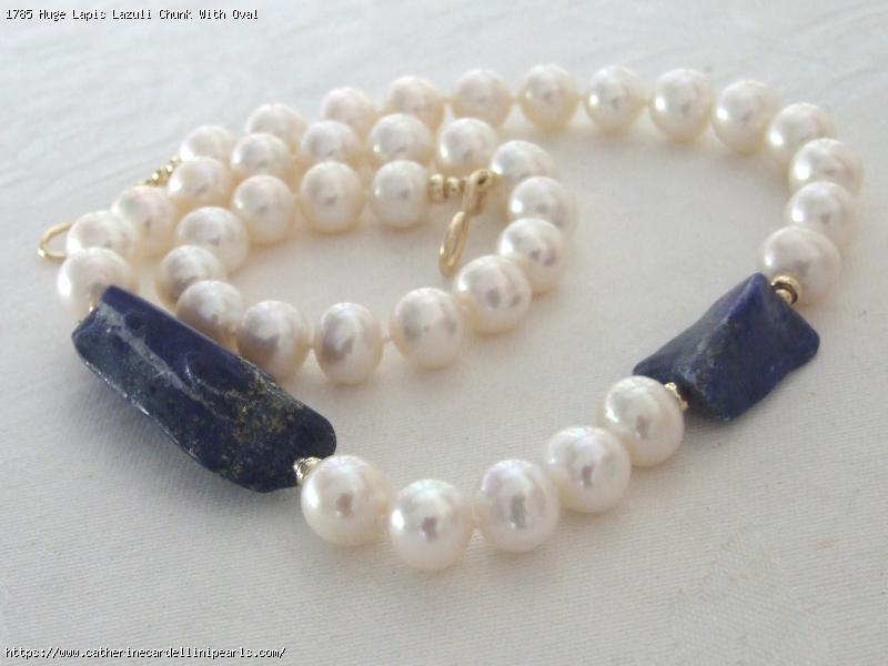 Huge Lapis Lazuli Chunk With Oval Shimmery White Freshwater Pearl Necklace