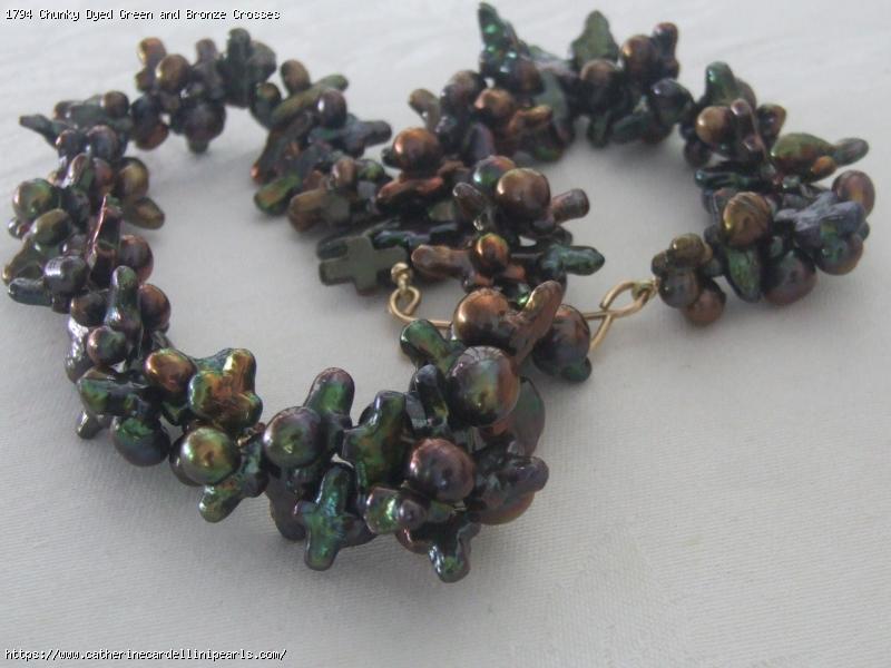 Chunky Dyed Green and Bronze Crosses Freshwater Pearl Necklace
